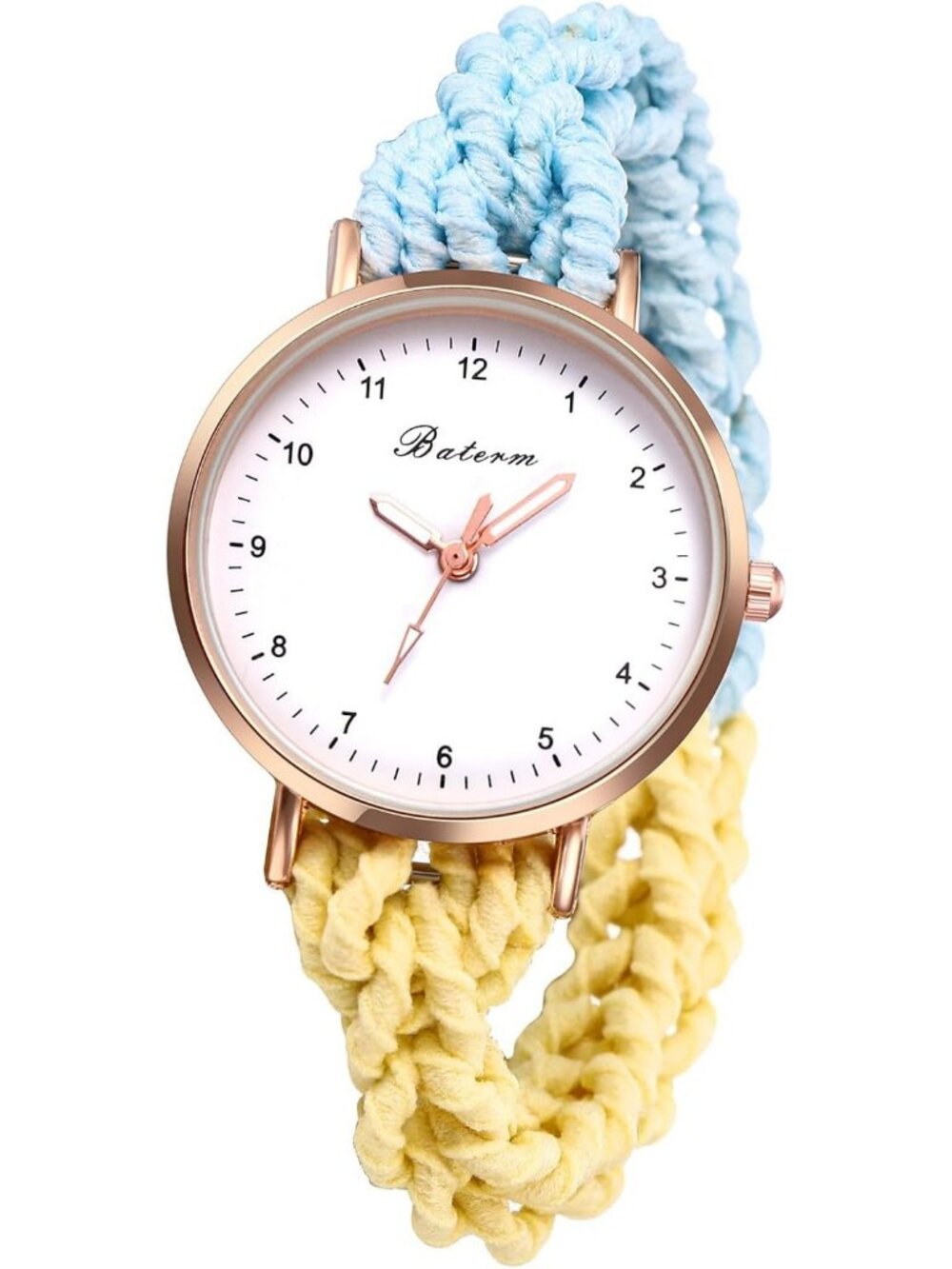 Women's Blue Yellow Analog Stretch Band Elastic Colorful Weave Rope Wrist Watch